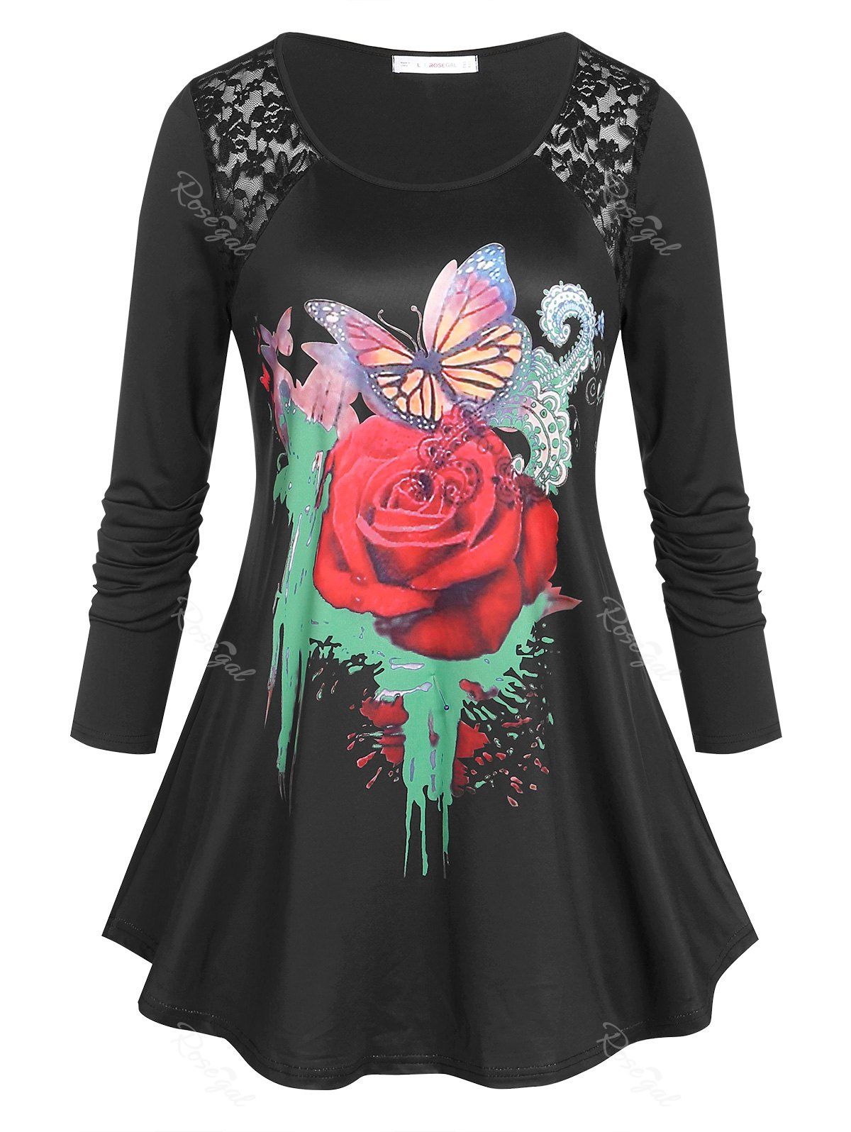 Store Plus Size Rose Butterfly Print Graphic Tunic T-shirt  