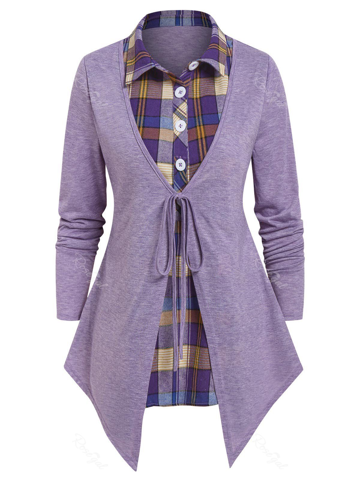 Latest Plaid Print Knot Front Faux Twinset T-shirt  