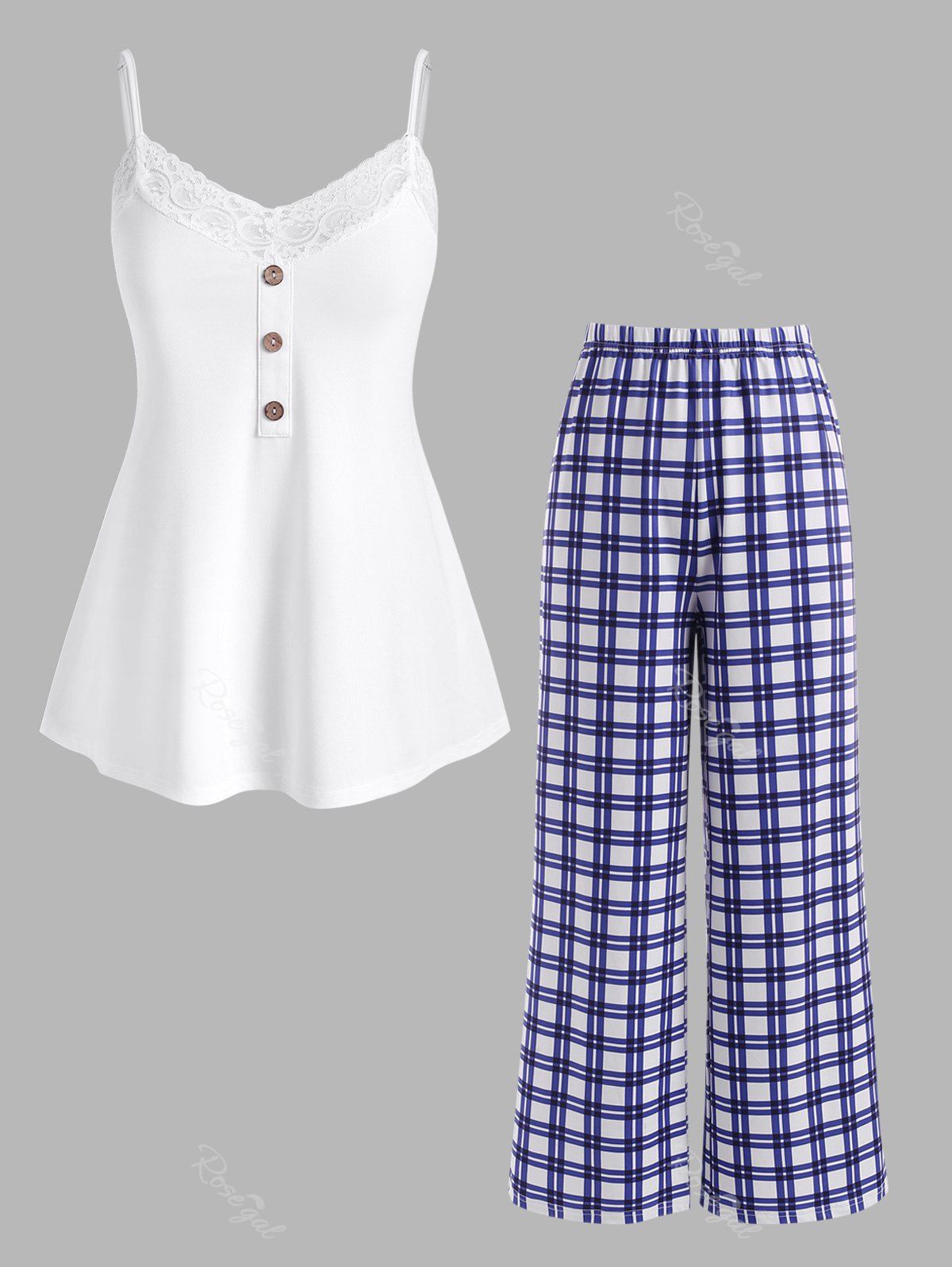 Latest Plus Size Pajama Lace Trim Cami Top and Plaid Pants Set  