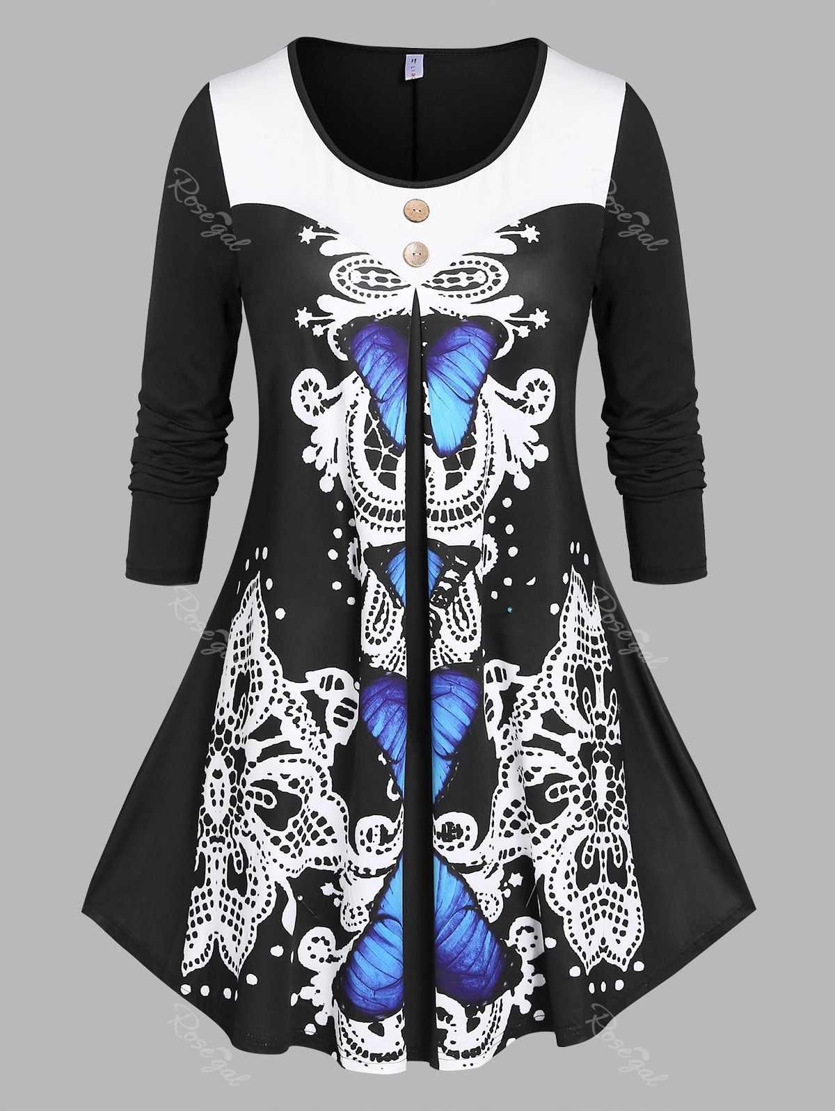 Best Plus Size Butterfly Print Skirted Long Sleeve Tee  