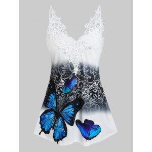 

Lace Insert Flower Butterfly Print Tank Top, White