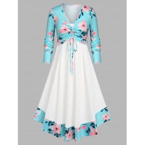 

Plus Size Cinched Front Floral Top and Dress Set, Light blue