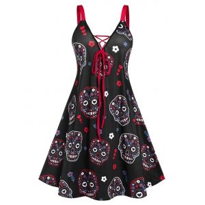 

Plus Size Halloween Skull Floral Lace Up A Line Dress, Black