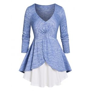 

Plus Size Marled Front Twist Layered T Shirt, Blue