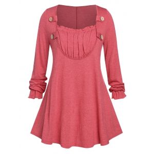 

Plus Size Ruched Detail Buttoned Long Sleeve Tunic Top, Red