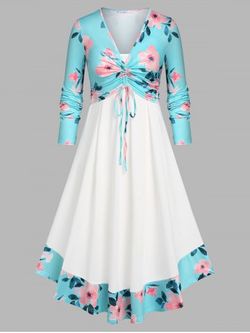 Plus Size Cinched Front Floral Top and Midi Dress Set - LIGHT BLUE - 1X