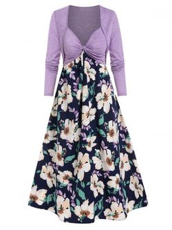 Twist Front Flower Print Cami Dress and Cropped Cardigan - LIGHT PURPLE - M