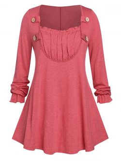 Plus Size Ruched Detail Buttoned Long Sleeve Tunic Top - RED - 4X