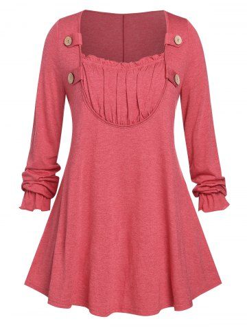 Plus Size Ruched Detail Buttoned Long Sleeve Tunic Top - RED - L