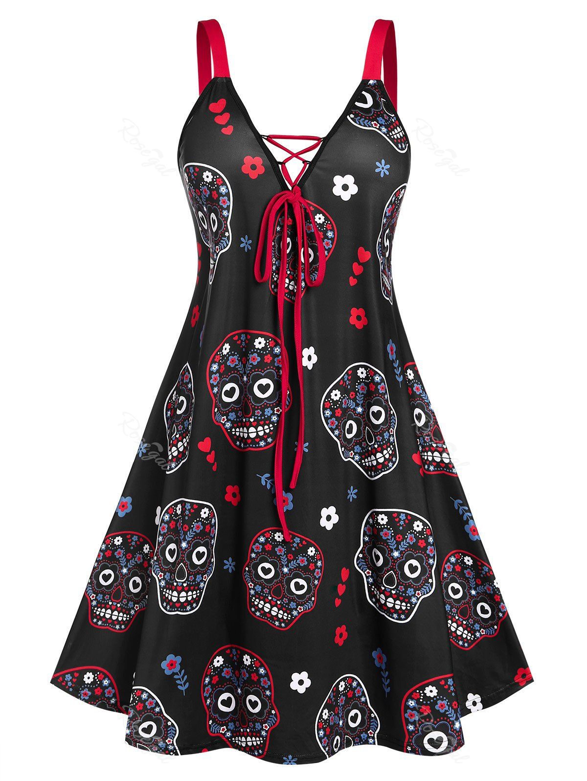 Cheap Plus Size Halloween Skull Floral Lace Up A Line Dress  