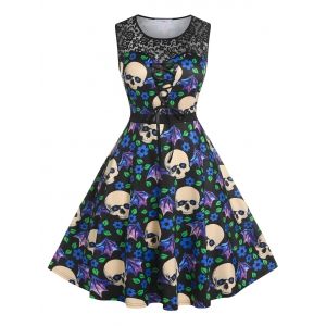 

Plus Size Skull Floral Print Lace Insert Dress, Black