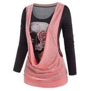 

Halloween Skull Print T-shirt and Cowl Front Drop Armhole Top, Light pink