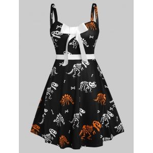 

Plus Size Dinosaur Skeleton Print Bowknot Detail Dress, Black