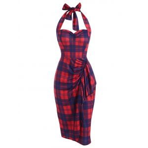 

Halter Plaid Ruffle Sheath Dress, Red