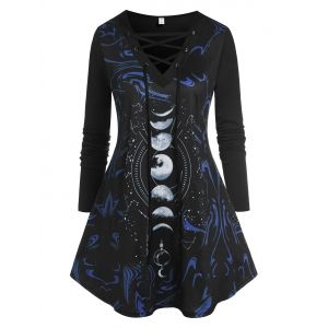 

Lace Up Front Moon Printed Plus Size Top, Black