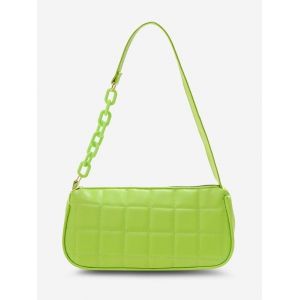 

Square-Quilted Half Chain Shoulder Bag, Green yellow