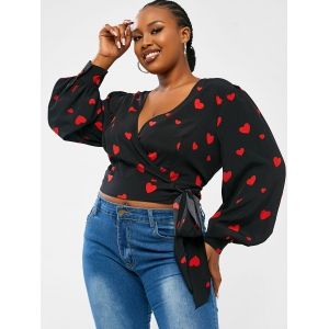 

Plus Size Heart Print Wrap Shirt, Black