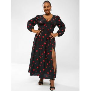 

Heart Pattern V Neck Lantern Sleeve Plus Size Maxi Dress, Black