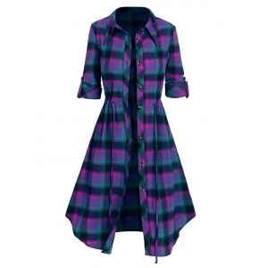 

Plaid Pattern Drawstring Button Down Shirt Dress, Dark orchid