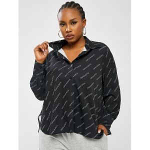 

Plus Size Dual Button Cuff Logo Print Shirt, Black