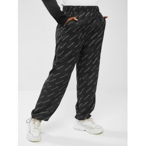 

Plus Size Toggle Drawstring Hem Logo Print Pants, Black
