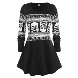 

Plus Size Skull Print Long Sleeve Tunic Top, Black