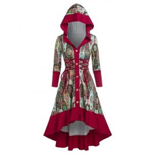 

Hooded Lace-up Button Front High Low Print Dress, Deep red