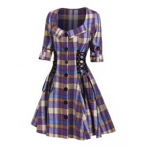 

Plaid Print Lace-up Button Up Dress, Purple