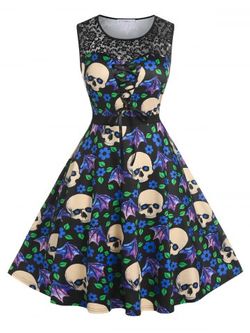 Plus Size Skull Floral Print Lace Insert 50s Dress - BLACK - L