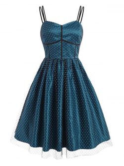 Swiss Dot Mesh Overlay Cami Retro Dress - BLUE - S