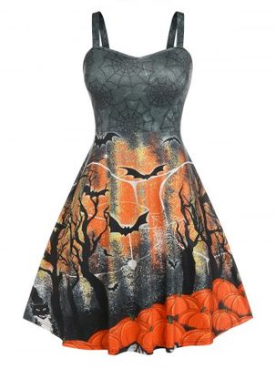 Halloween Spider Web Bat Pumpkin Plus Size Dress