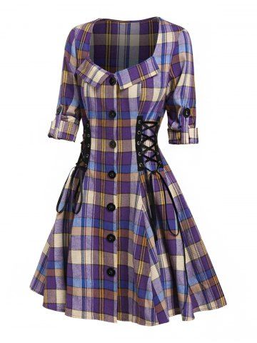 Vestido a Cuadros con Botones con Estampado a Cuadros - PURPLE - XXL