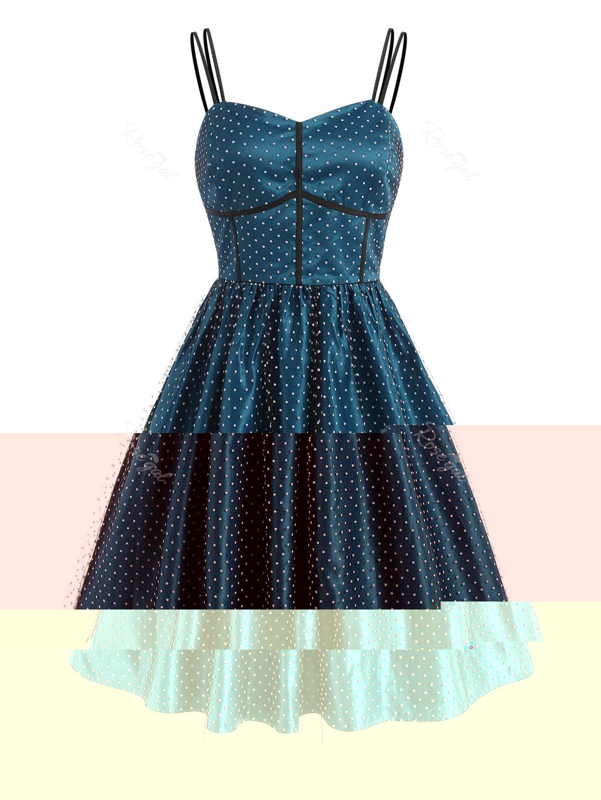 Online Swiss Dot Mesh Overlay Cami Retro Dress  