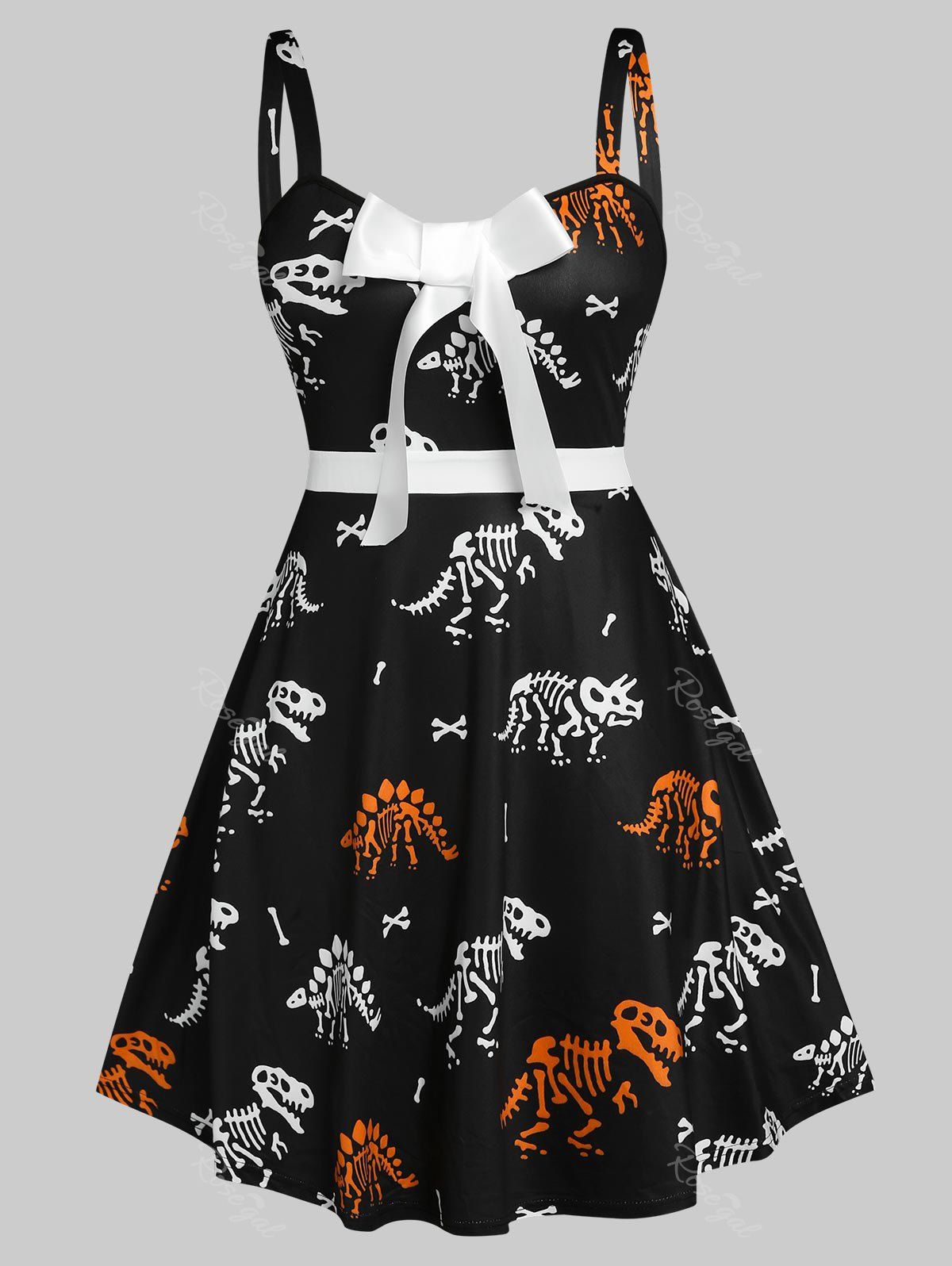 Latest Plus Size Dinosaur Skeleton Print Bowknot Detail Dress  
