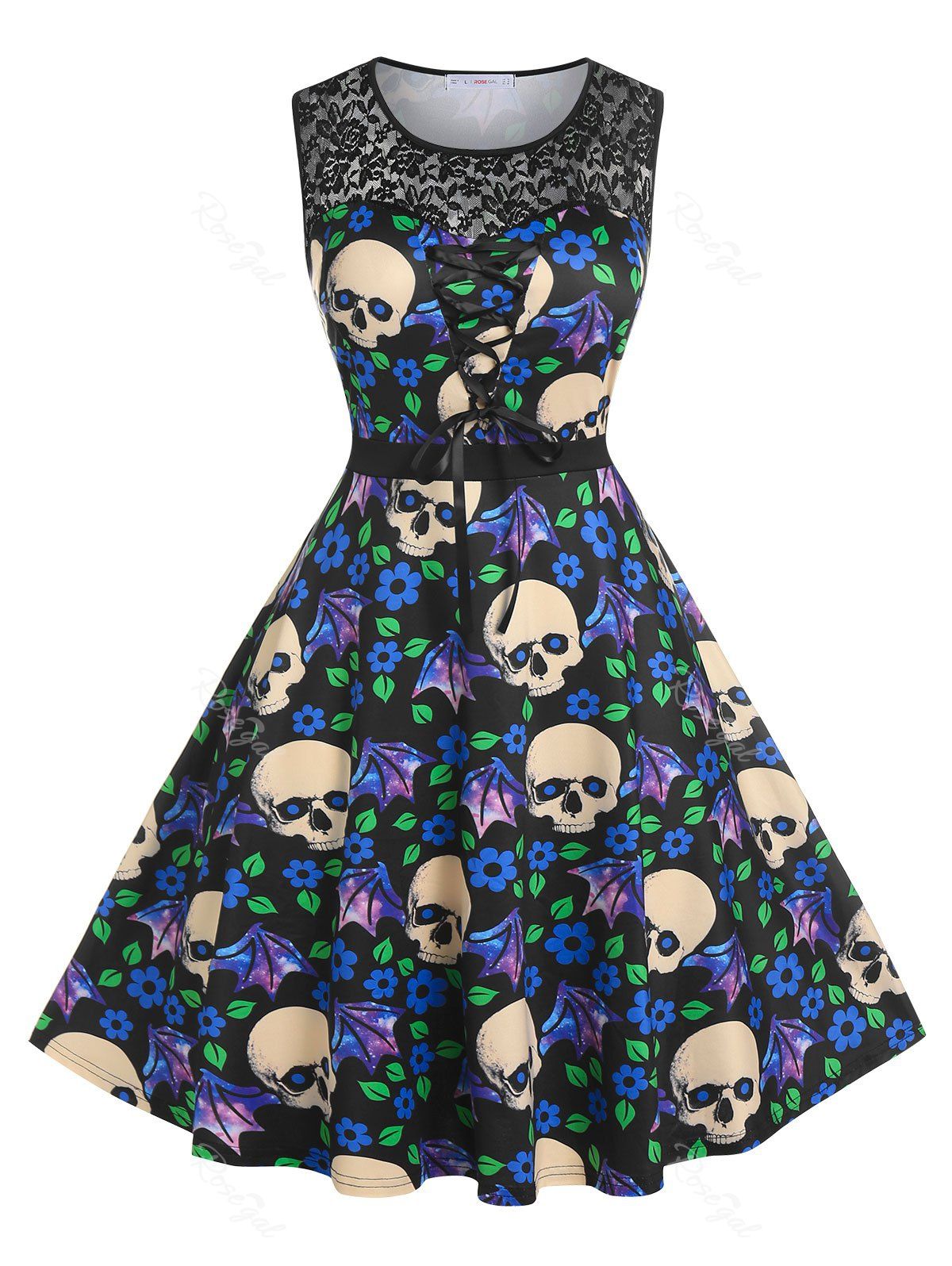 Plus Size Skull Floral Print Lace Insert Dress [49% OFF] | Rosegal