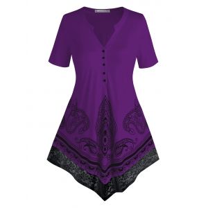 

Plus Size Paisley V Notch Placket Lace Hem Tunic Tee, Concord