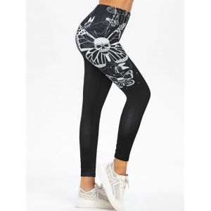 

Gothic Skull Butterfly Print Halloween Leggings, Black