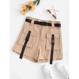 

Plus Size Buckle Belted Cargo Shorts, Light coffee