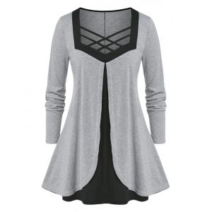 

Plus Size Overlap Crisscross T-shirt, Light gray