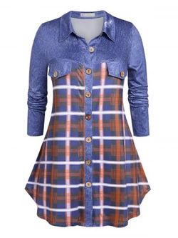 Plus Size Button Up Plaid Shirt - BLUE - 1X