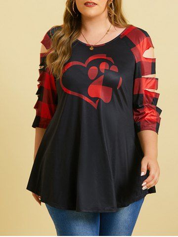 Ladder Cutout Heart Claw Plaid Plus Size Top - RED - L