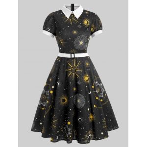 

Flat Collar Galaxy Print Belted Dress, Black