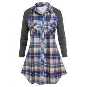 

Plus Size Pockets Raglan Sleeve Plaid Shirt, Gray