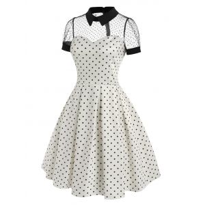 

Flat Collar Swiss-dot Mesh Panel Polka Dot 1950s Dress, White