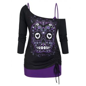 

Plus Size Skull Floral Cinched Ruched T-shirt and Cami Top Set, Purple