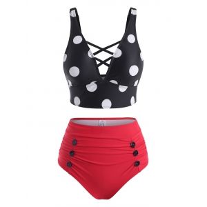 

Polka Dot Lattice Ruched Buttoned Tankini Swimwear, Black