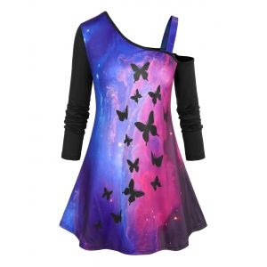 

Plus Size Galaxy Tie Dye Butterfly Cold Shoulder Tee, Black