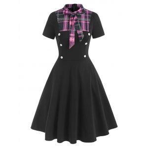 

Bowknot Tie Collar Plaid Panel Mock Button Dress, Black