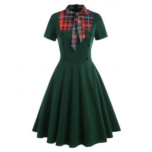 

Bowknot Tie Collar Plaid Panel Mock Button Dress, Deep green