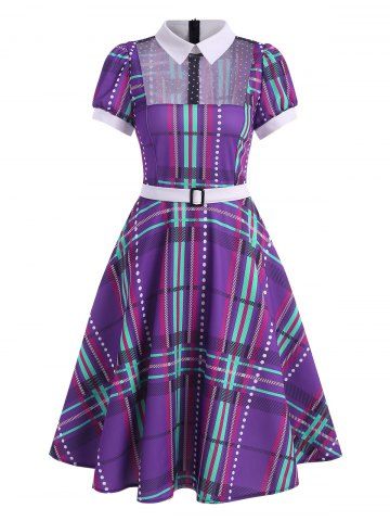 Polka Dot Plaid Lace Insert Belted Dress